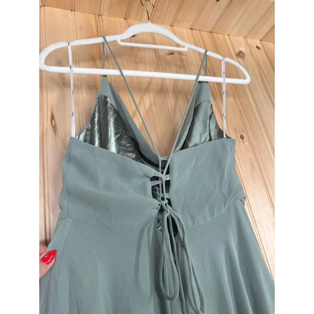 NWT Lulus Romantically Speaking Sage Green Cowl Lace-Up Maxi Dress Bridesmaid M